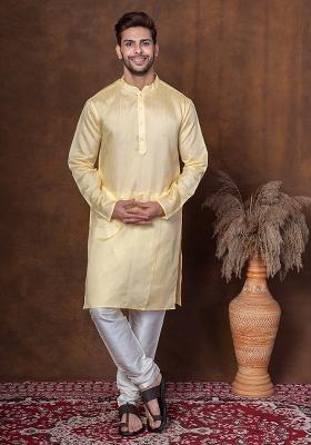 Yellow Solid Dupion Kurta Churidar Set For Men