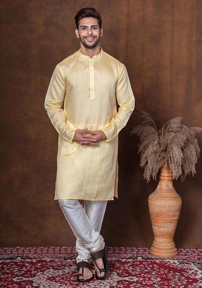Yellow Solid Dupion Kurta Churidar Set For Men