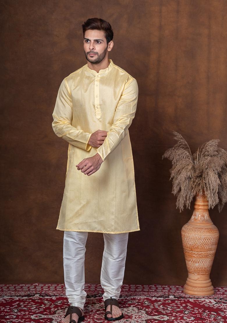 Yellow Solid Dupion Kurta Churidar Set For Men