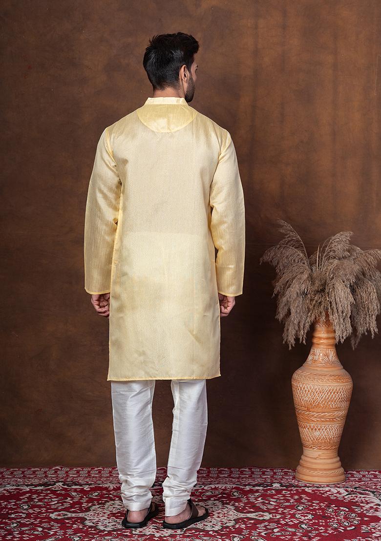Yellow Solid Dupion Kurta Churidar Set For Men