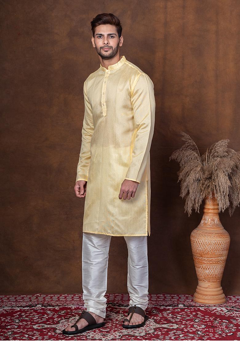 Yellow Solid Dupion Kurta Churidar Set For Men