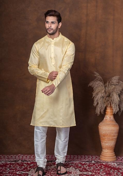 Yellow Solid Dupion Kurta Churidar Set For Men