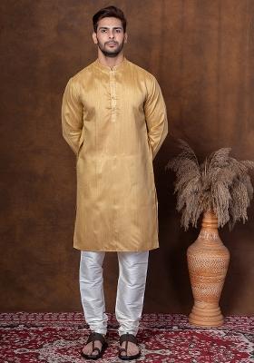 Beige Solid Dupion Kurta Churidar Set For Men