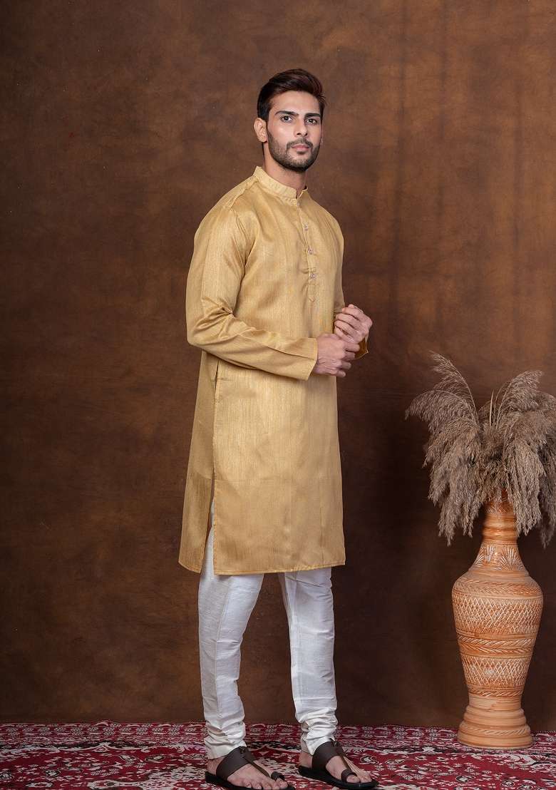 Beige Solid Dupion Kurta Churidar Set For Men - Indya