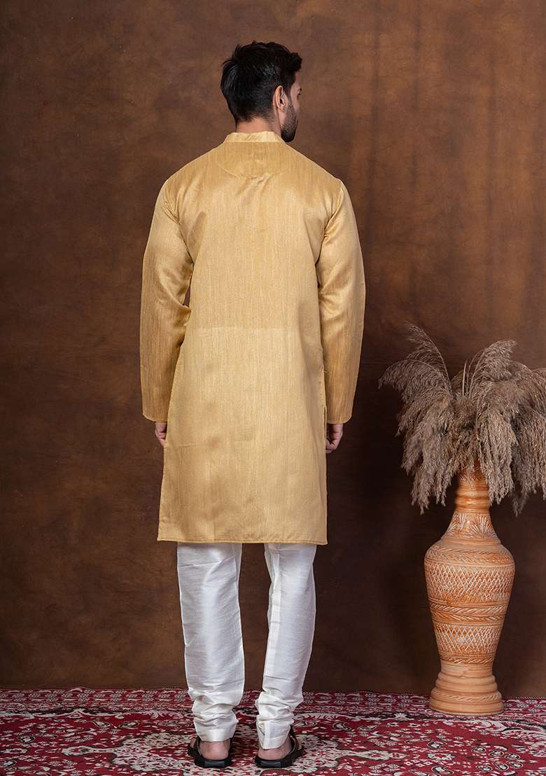 Beige Solid Dupion Kurta Churidar Set For Men - Indya