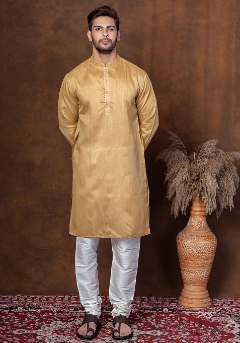 Beige Solid Dupion Kurta Churidar Set For Men