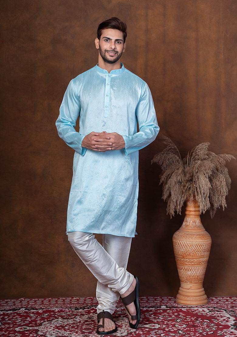 Sku Blue Solid Dupion Kurta Churidar Set For Men