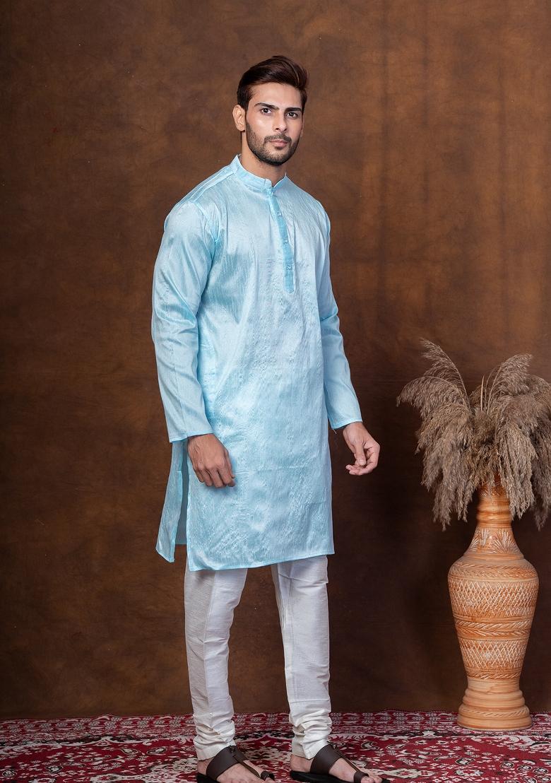 Sku Blue Solid Dupion Kurta Churidar Set For Men