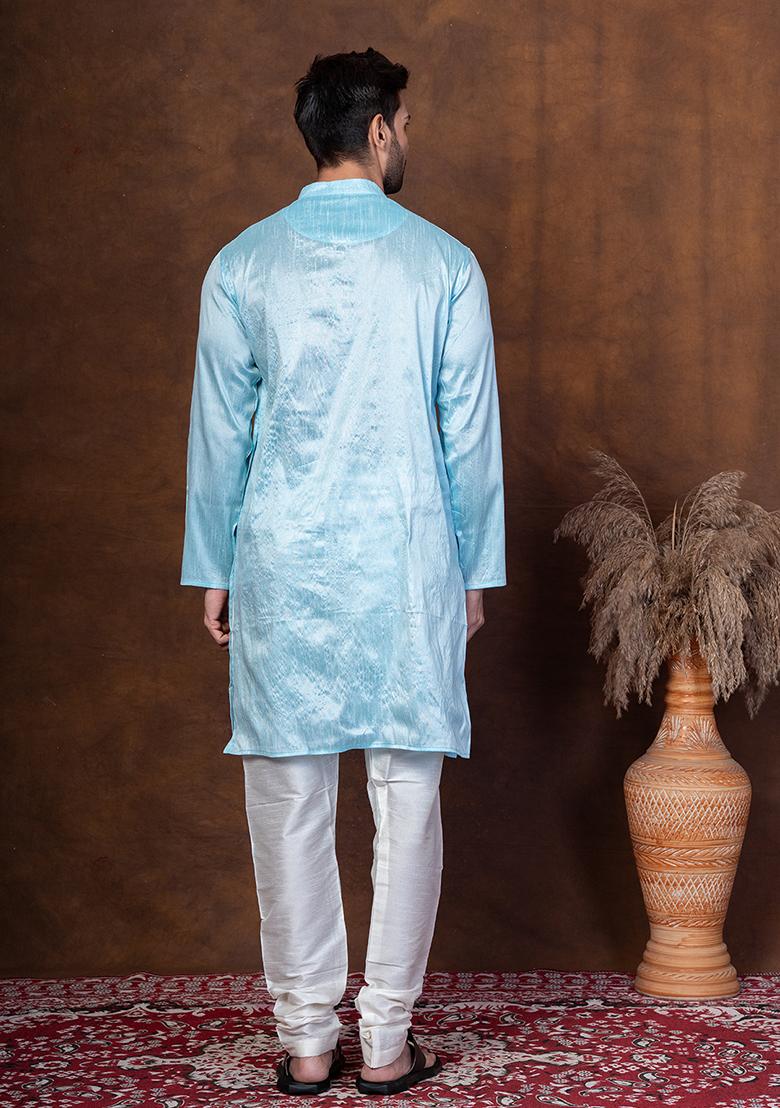 Sku Blue Solid Dupion Kurta Churidar Set For Men