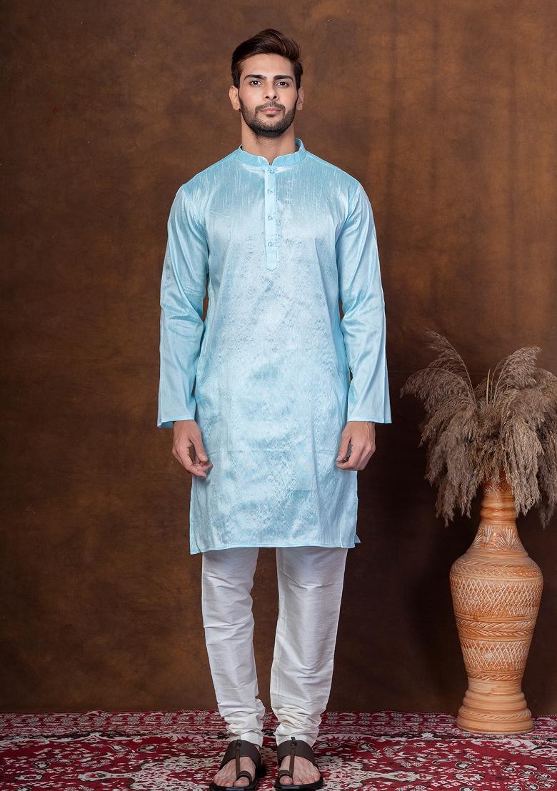 Sku Blue Solid Dupion Kurta Churidar Set For Men