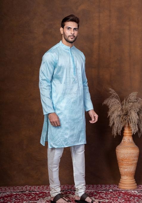 Sku Blue Solid Dupion Kurta Churidar Set For Men