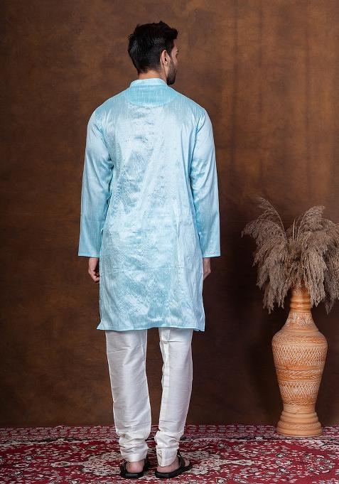 Sku Blue Solid Dupion Kurta Churidar Set For Men