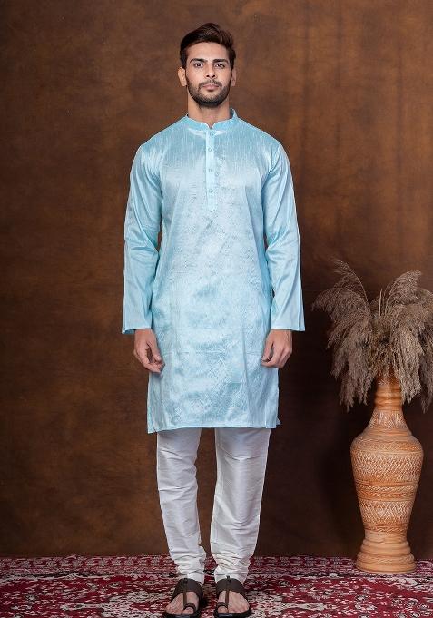Sku Blue Solid Dupion Kurta Churidar Set For Men