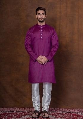 Purple Solid Dupion Kurta Churidar Set For Men