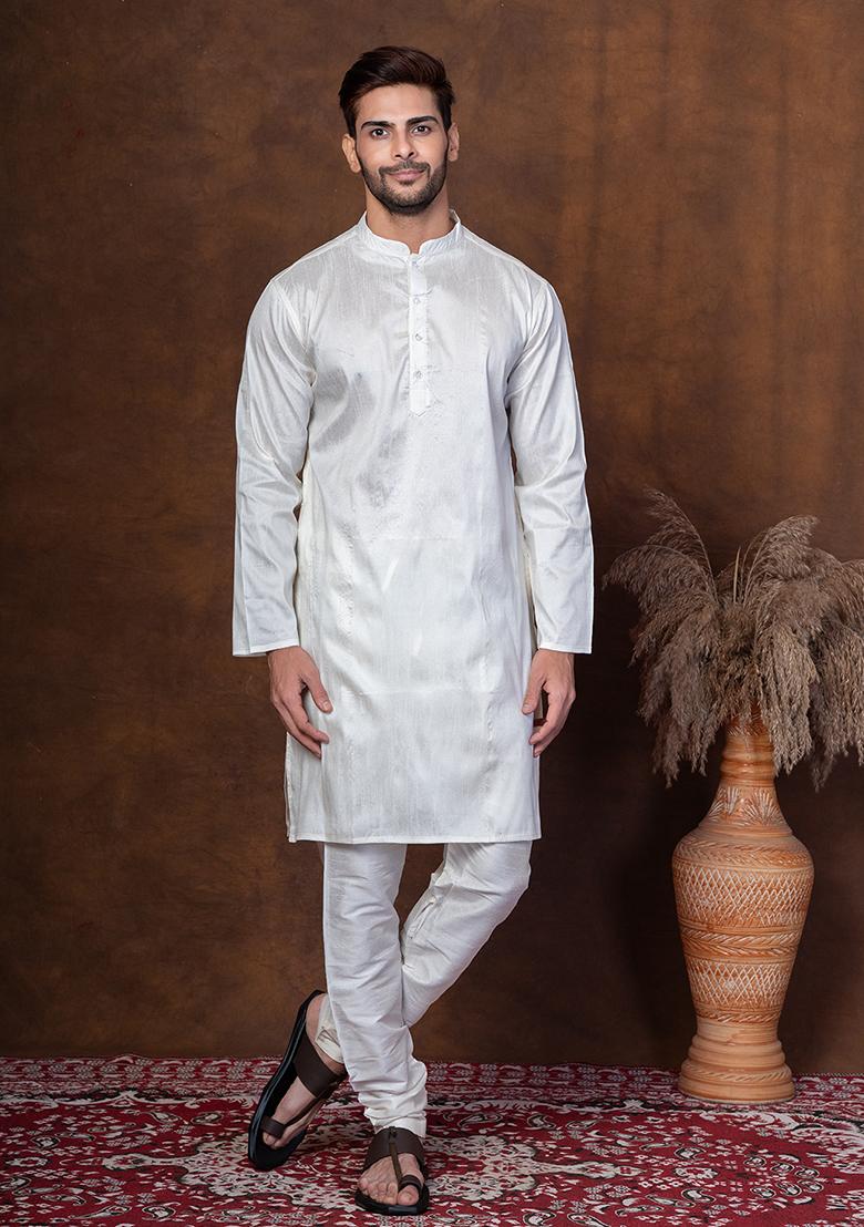 Off White Solid Dupion Kurta Churidar Set For Men