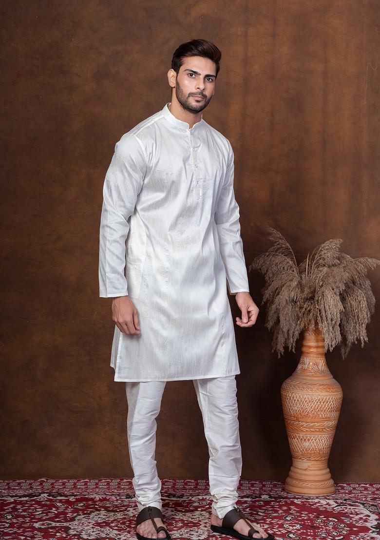 Off White Solid Dupion Kurta Churidar Set For Men