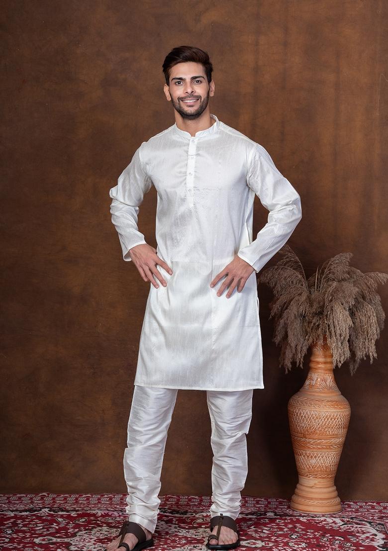 Off White Solid Dupion Kurta Churidar Set For Men - Indya