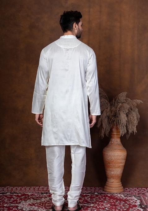 Off White Solid Dupion Kurta Churidar Set For Men