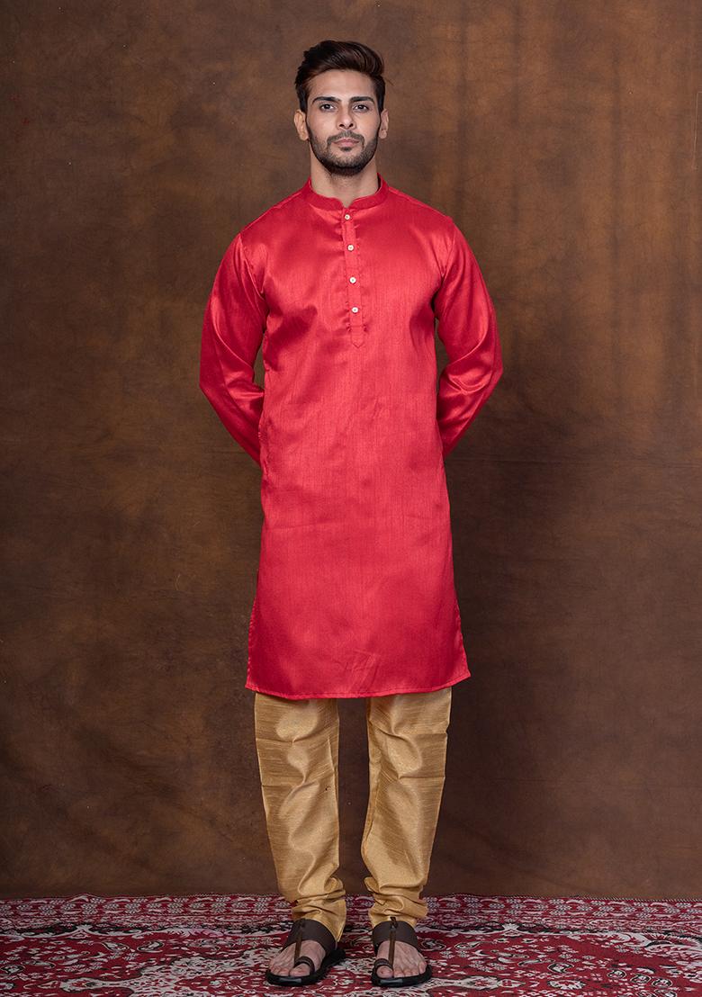 Red Solid Dupion Kurta Churidar Set For Men