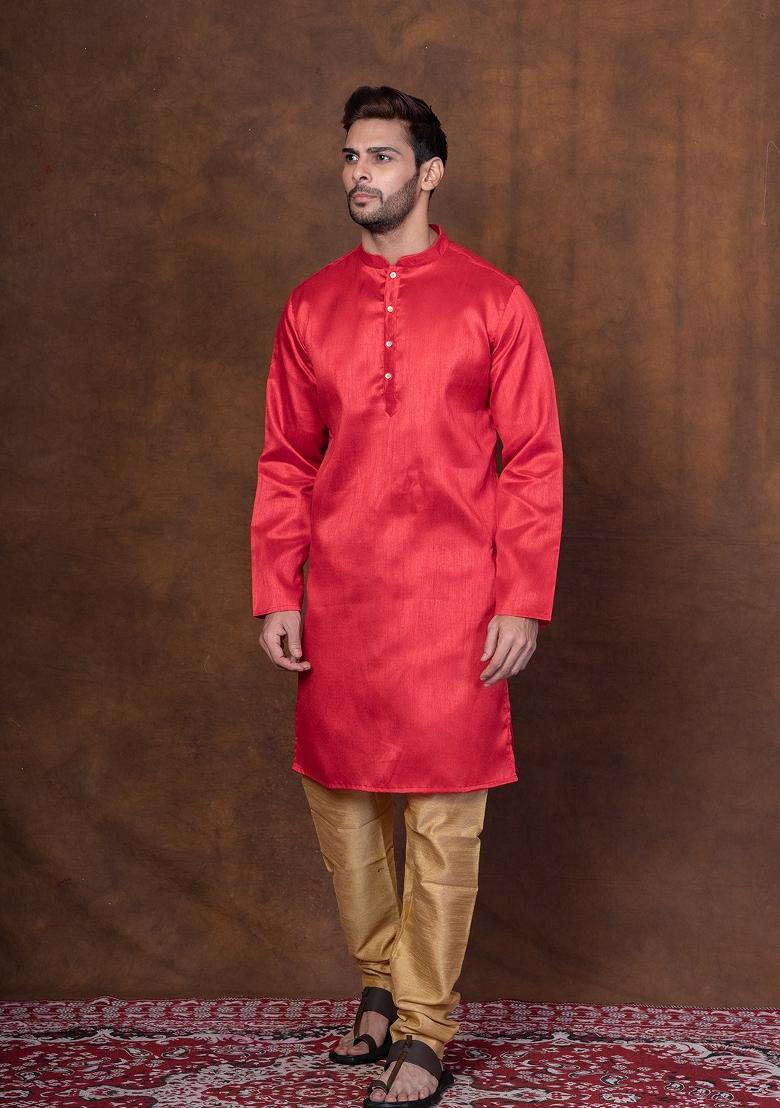 Red Solid Dupion Kurta Churidar Set For Men