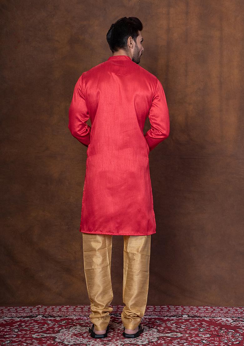 Red Solid Dupion Kurta Churidar Set For Men