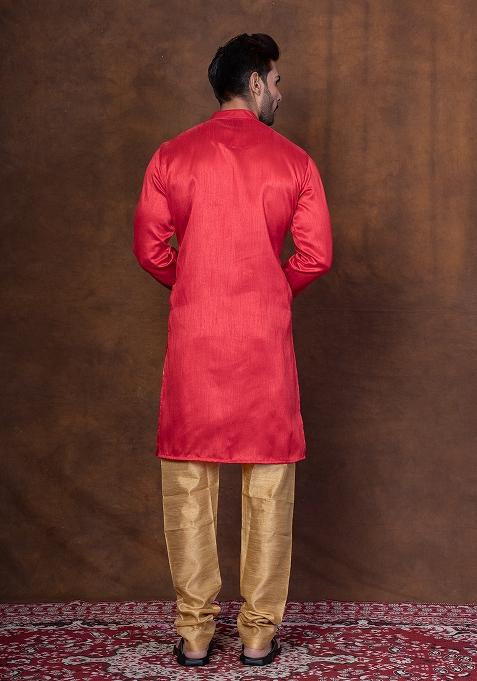 Red Solid Dupion Kurta Churidar Set For Men