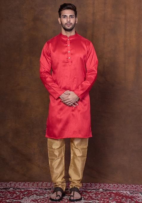 Red Solid Dupion Kurta Churidar Set For Men