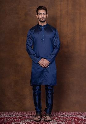 Navy Blue Solid Dupion Kurta Churidar Set For Men
