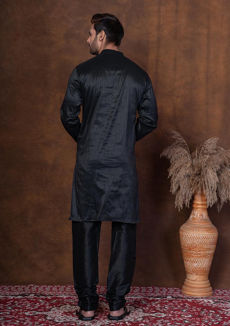 Black Solid Dupion Kurta Churidar Set For Men