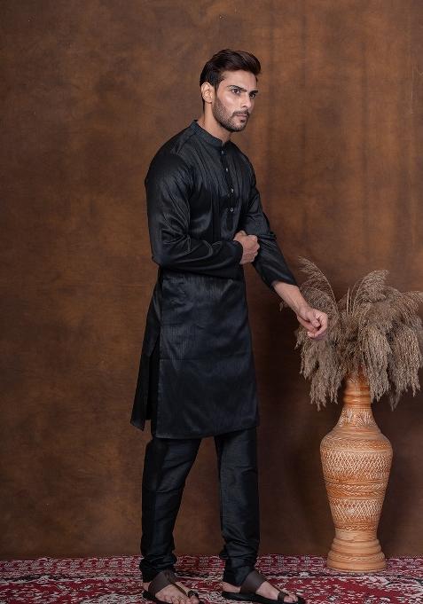 Black Solid Dupion Kurta Churidar Set For Men