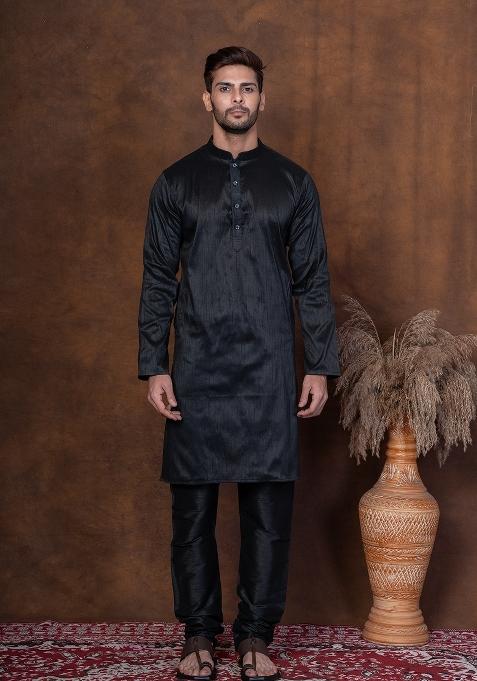 Black Solid Dupion Kurta Churidar Set For Men