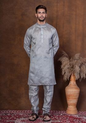 Grey Solid Dupion Kurta Churidar Set For Men
