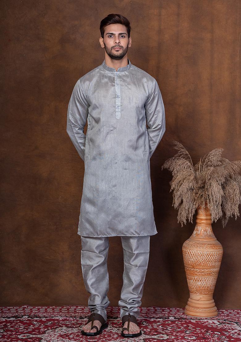 Grey Solid Dupion Kurta Churidar Set For Men
