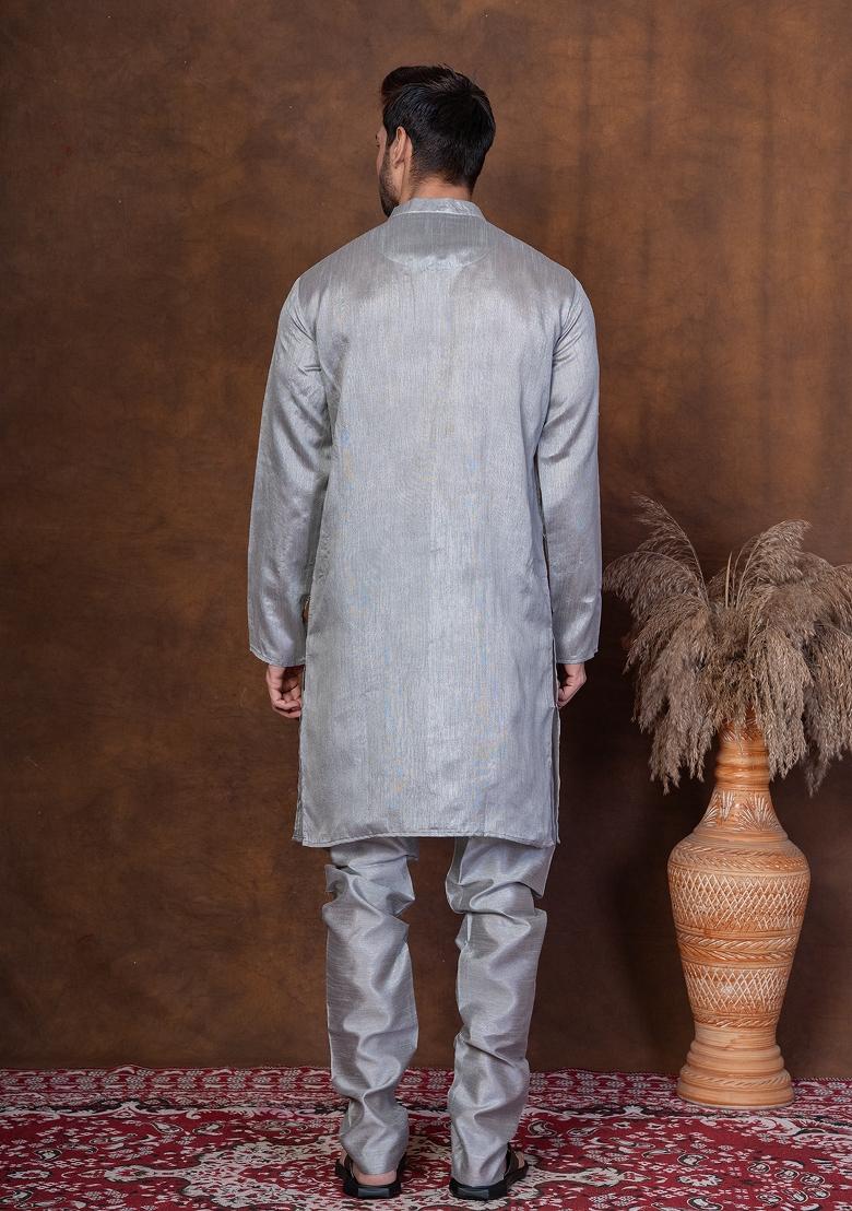 Grey Solid Dupion Kurta Churidar Set For Men