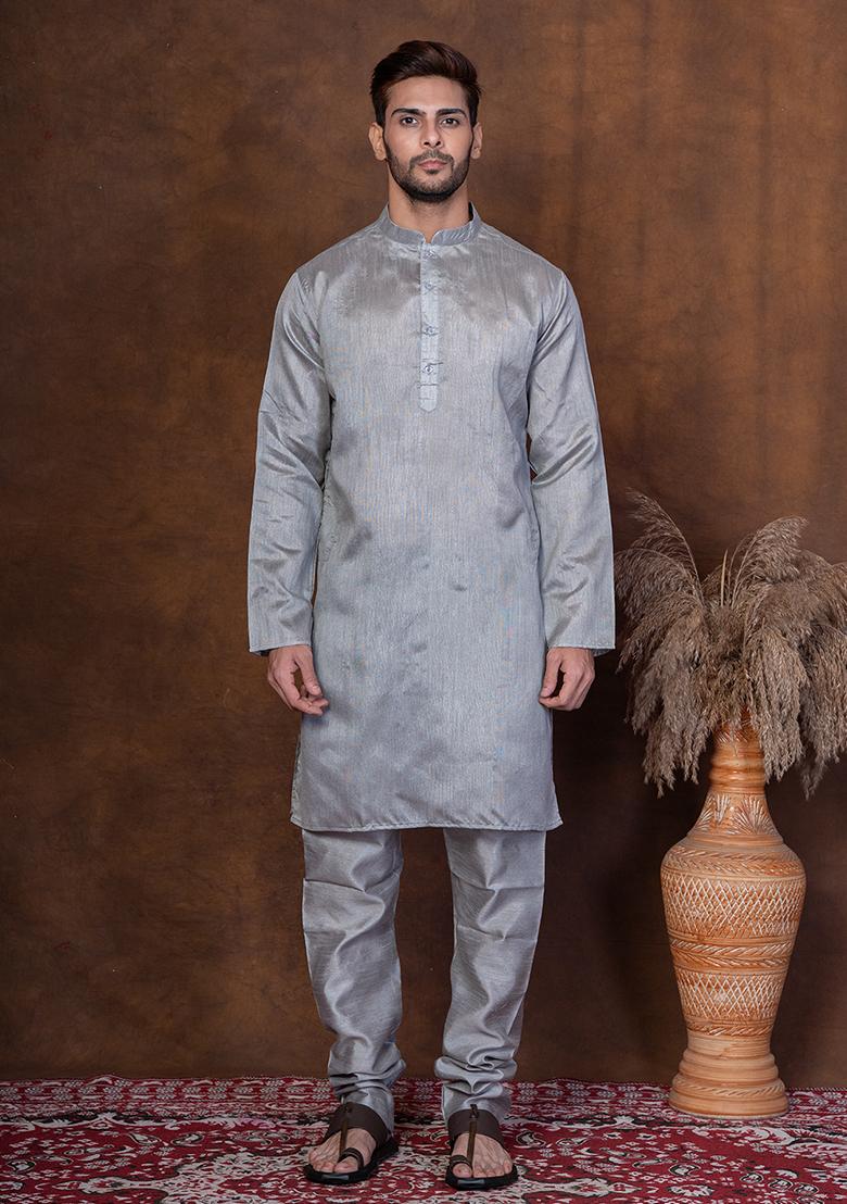 Grey Solid Dupion Kurta Churidar Set For Men