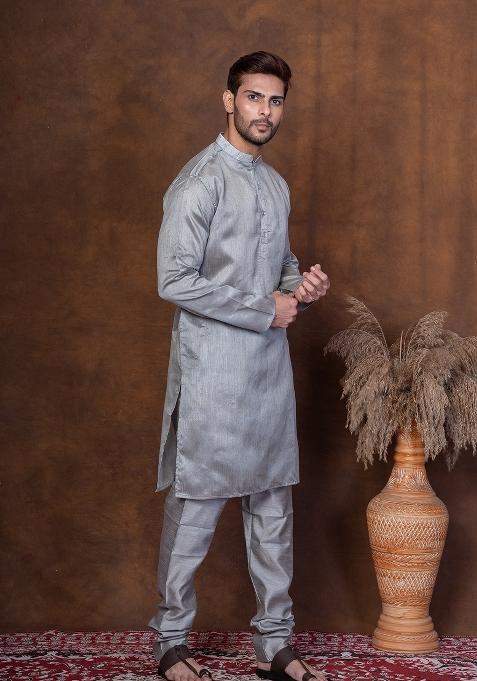 Grey Solid Dupion Kurta Churidar Set For Men