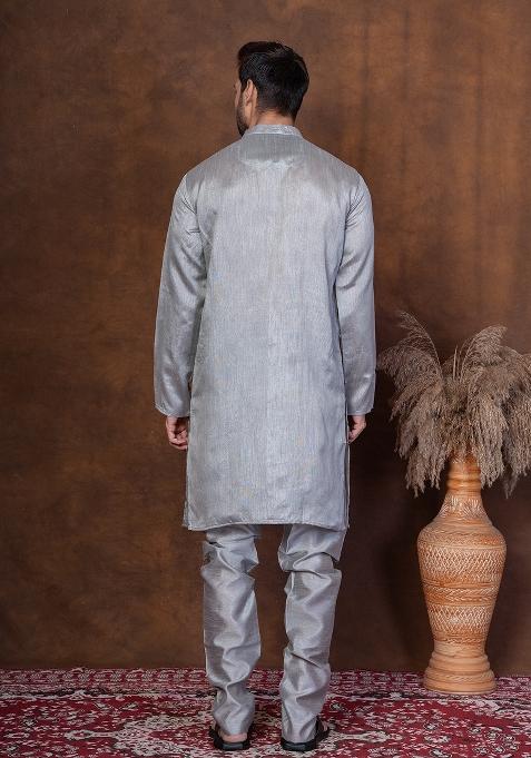 Grey Solid Dupion Kurta Churidar Set For Men