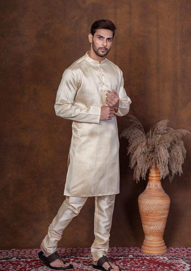 Grey Solid Dupion Kurta Churidar Set For Men