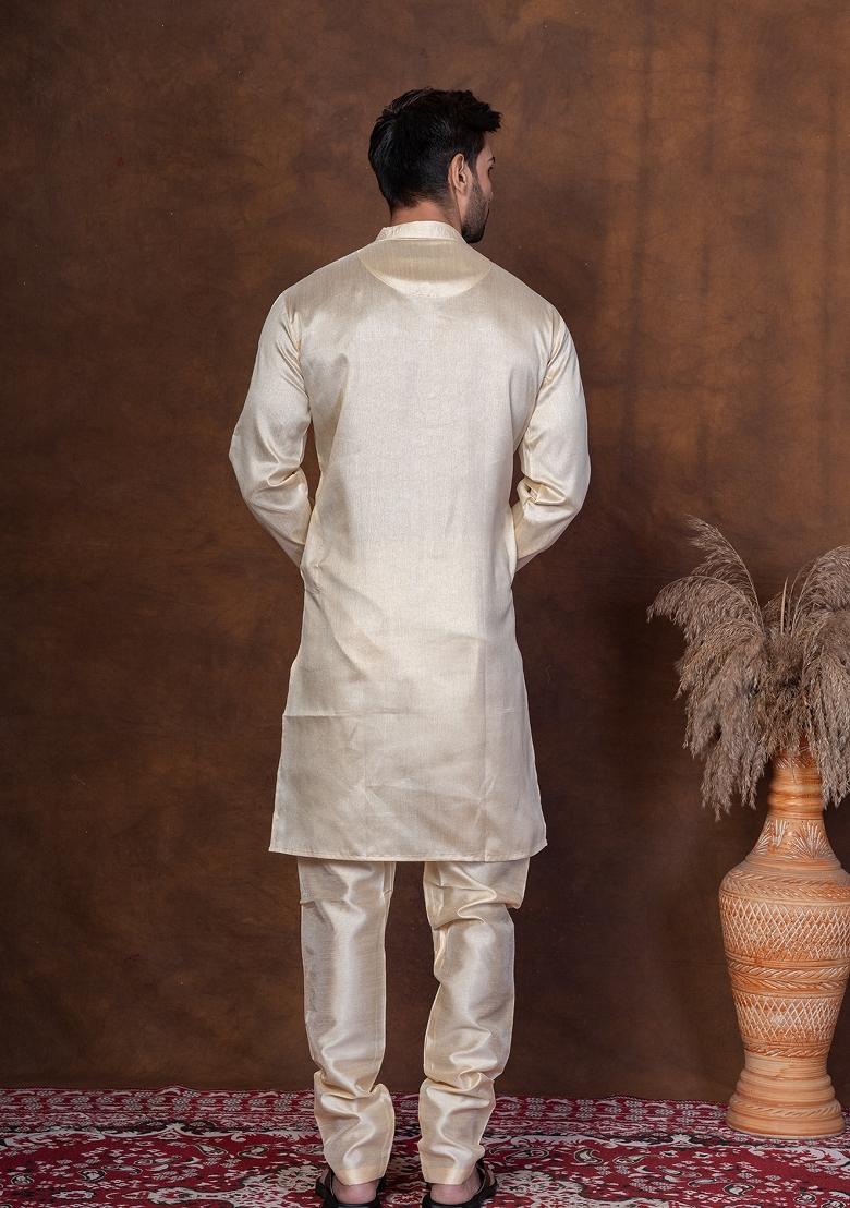 Grey Solid Dupion Kurta Churidar Set For Men