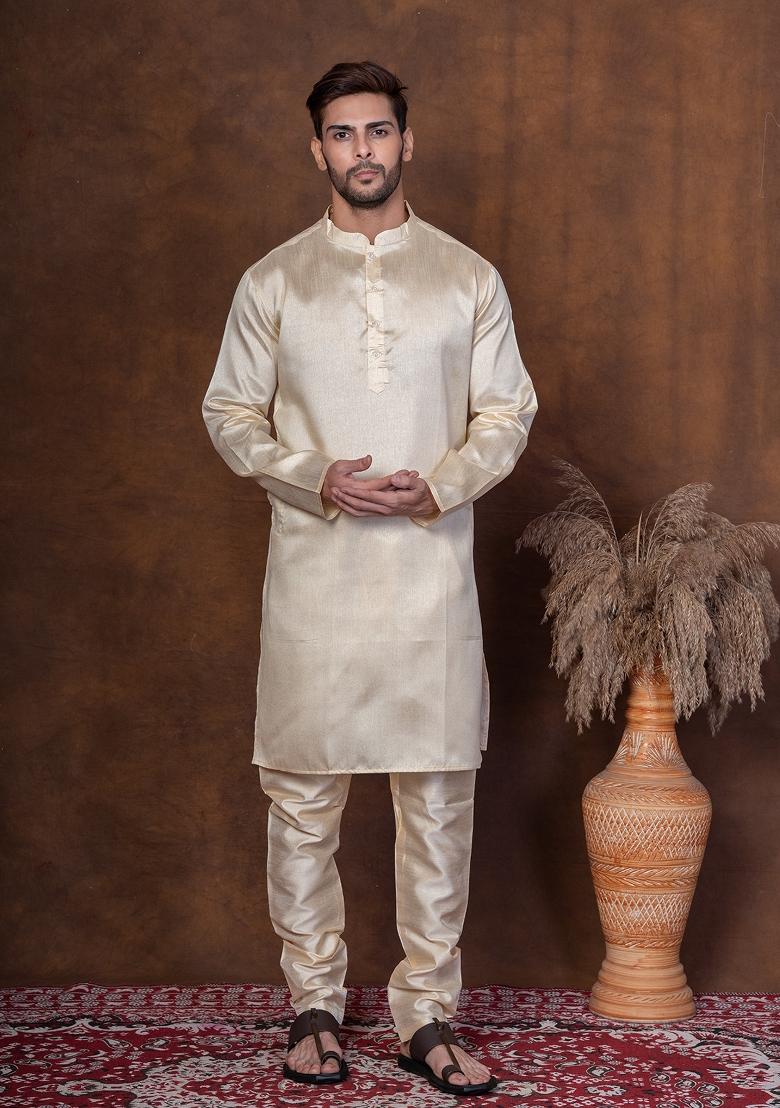 Grey Solid Dupion Kurta Churidar Set For Men - Indya