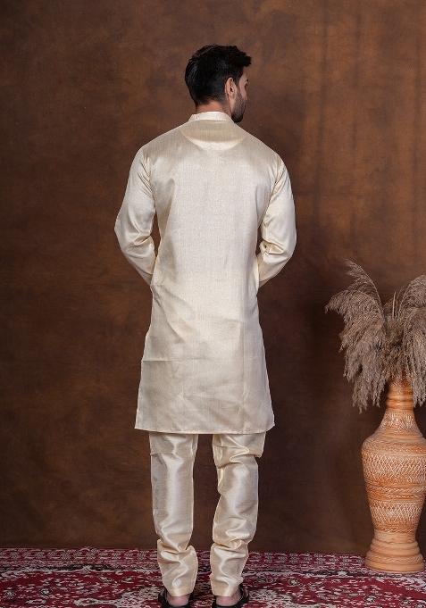 Grey Solid Dupion Kurta Churidar Set For Men