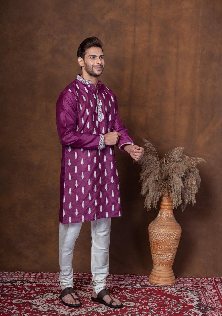 Purple Embroidered Dupion Kurta Churidar Set For Men