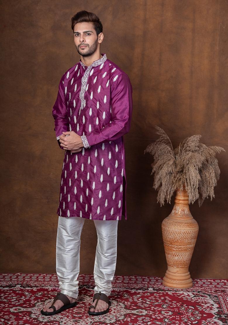 Purple Embroidered Dupion Kurta Churidar Set For Men