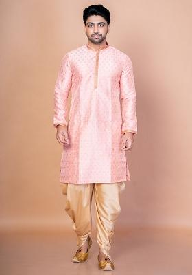 Pink Embroidered Dupion Kurta Patiala Set For Men