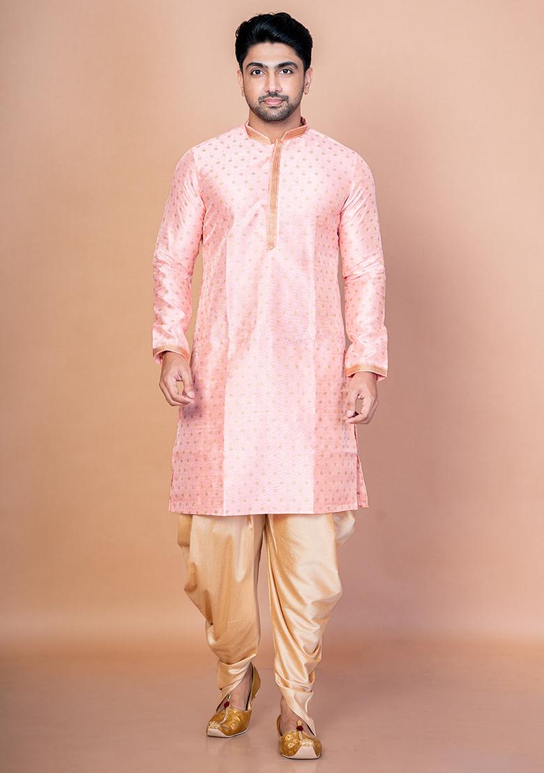 Pink Embroidered Dupion Kurta Patiala Set For Men