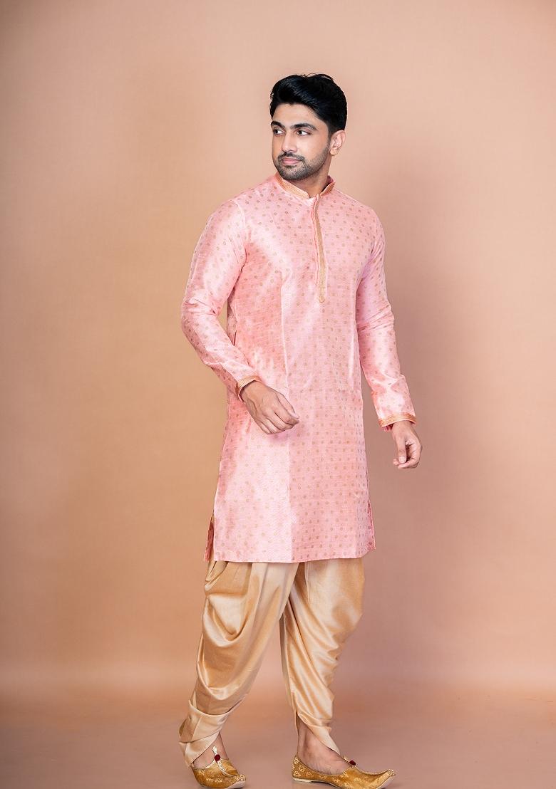 Pink Embroidered Dupion Kurta Patiala Set For Men