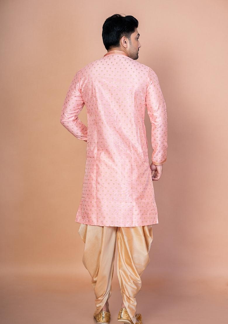 Pink Embroidered Dupion Kurta Patiala Set For Men