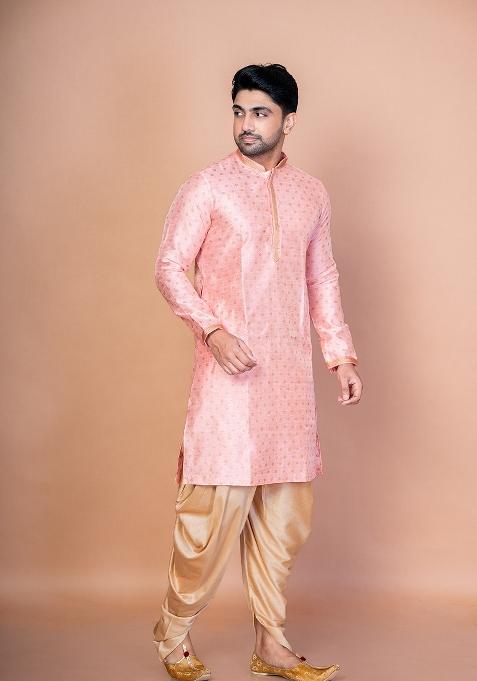 Pink Embroidered Dupion Kurta Patiala Set For Men