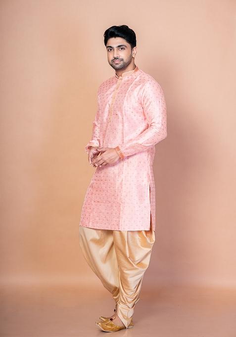 Pink Embroidered Dupion Kurta Patiala Set For Men