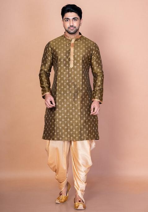 Green Embroidered Dupion Kurta Patiala Set For Men